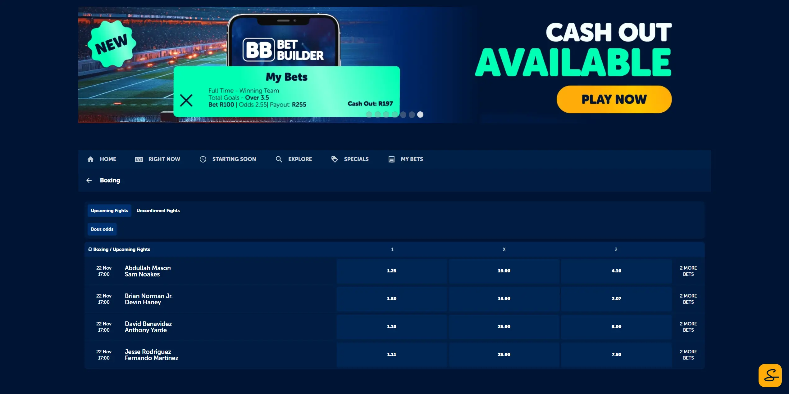 SunBet website, boxing section