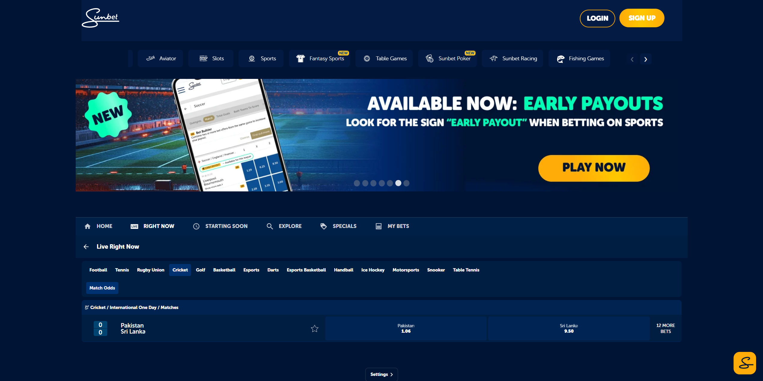 SunBet website, cricket section