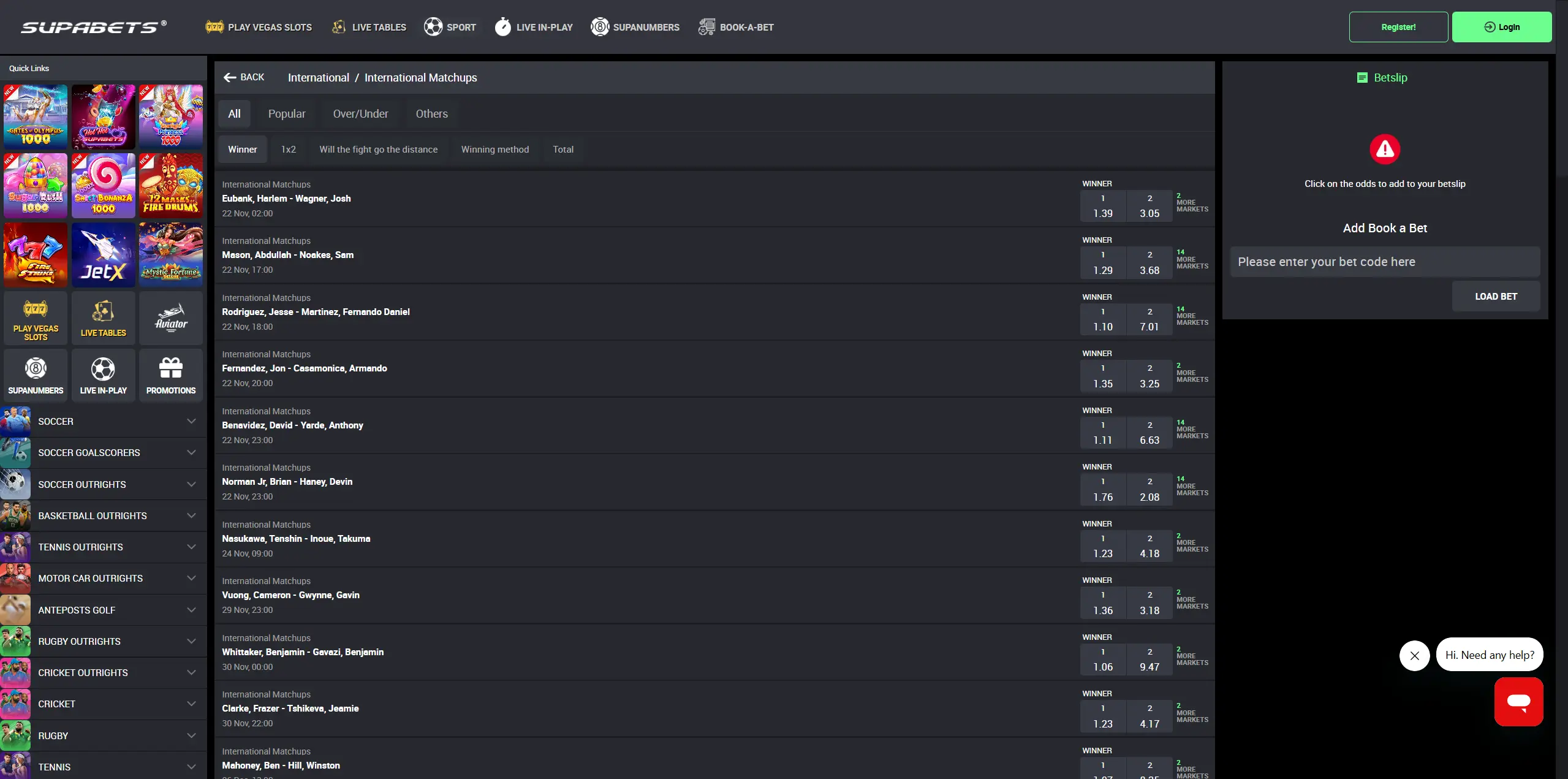 Supabets website, boxing section